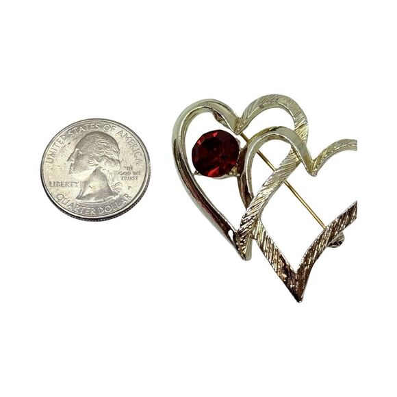 Vintage Red Crystal Double Heart Brooch 2" Valentine Love Silver Tone - Picture 6 of 15